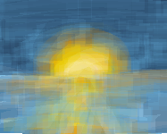 a painterly digital image of a sunset over a body of water. the image is not transparent.